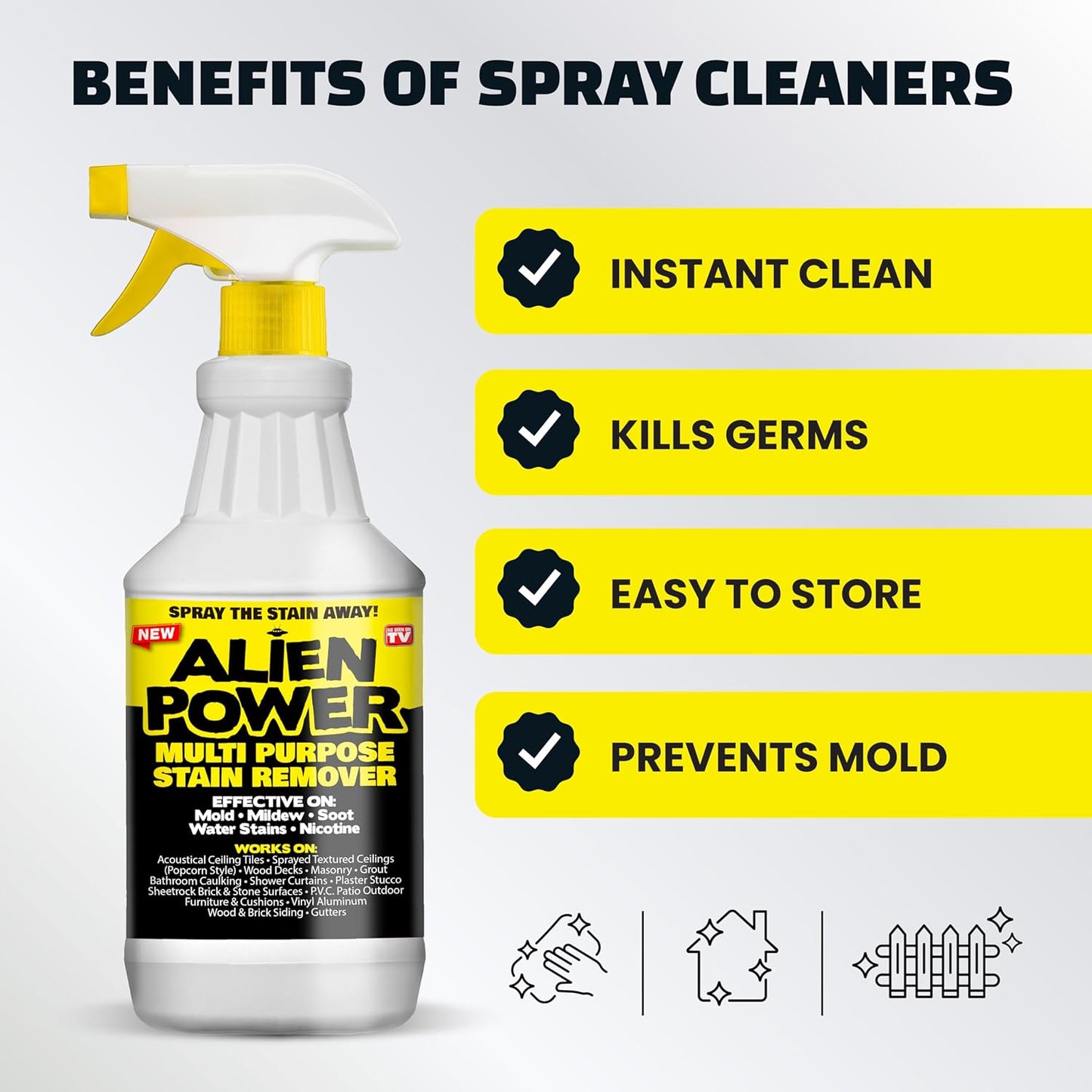Alien Power 72 Fl Oz Instant Stain Remover Spray for Mold and Mildew and Grout, All Purpose No-Scrub Cleaner for Bathroom & Household Surfaces, Tiles, Wall, Black Mold & Washing Machines - 3 Pack Set