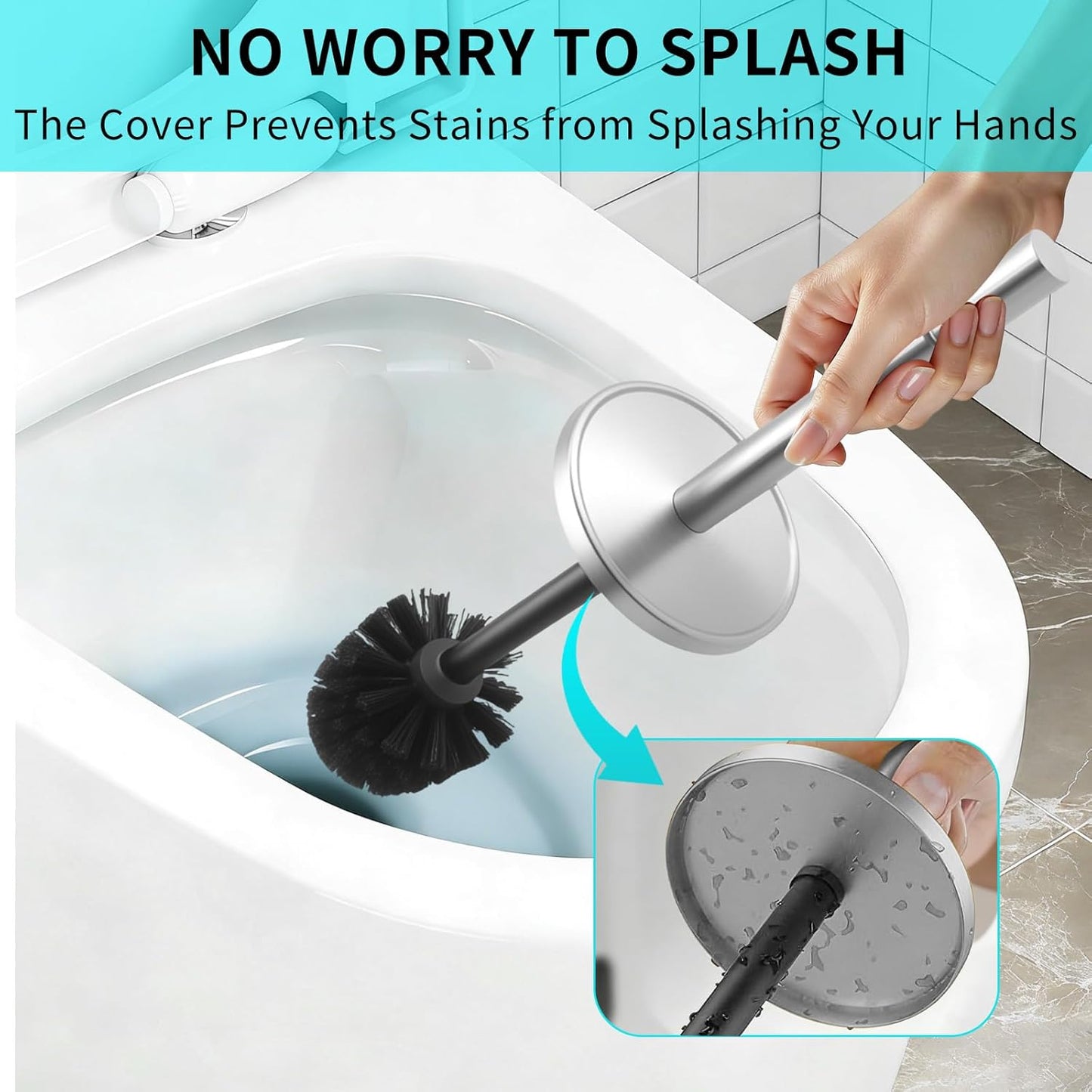 Chrome Toilet Brush and Holder Set,304 Stainless Steel Toilet Brush for Bathroom with Long Handle, Heavy Duty Toilet Bowl Brush,Removable Inner Bowl and Splash Protection,Deep Cleaning