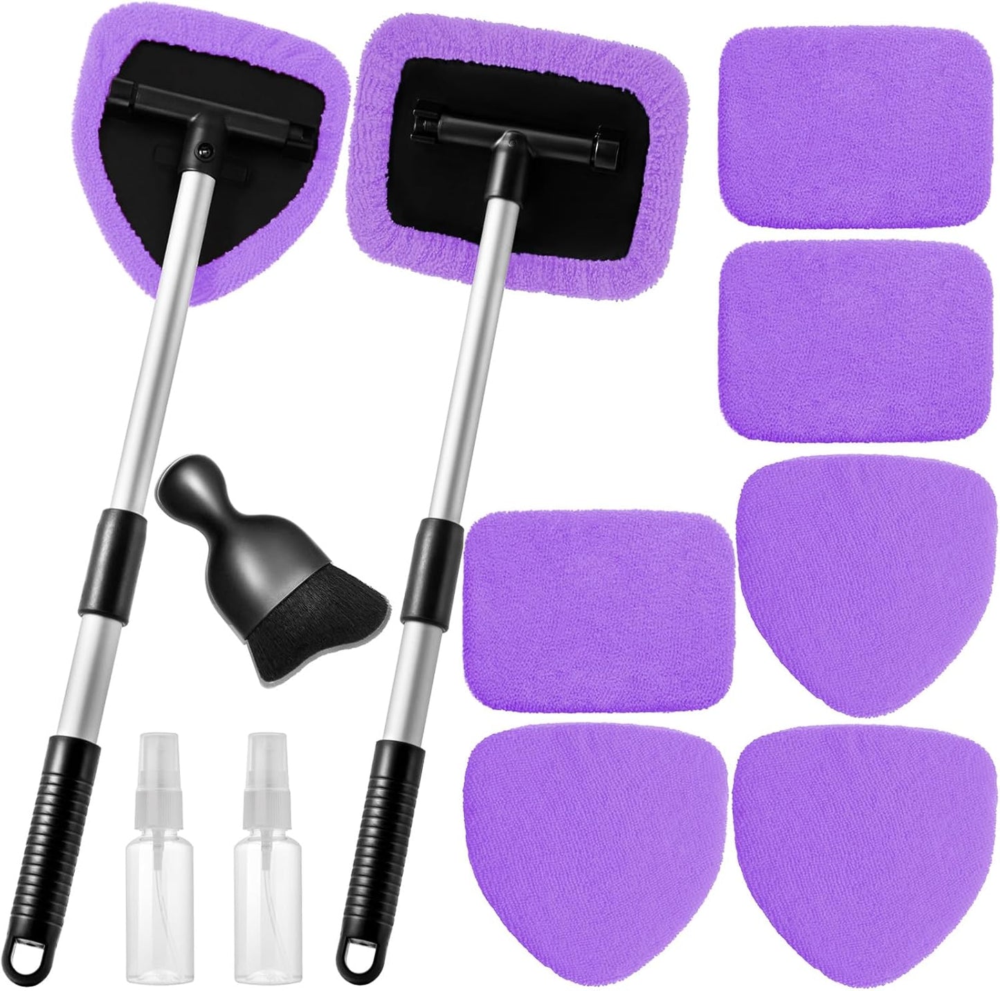 Qydipclin 11pcs Windshield Cleaner Tool, Car Window Cleaning Wash Kit with 6 Reusable Microfiber Pads 2 Spray Bottles and Extendable Handles Auto Glass Wiper Kit, Blue