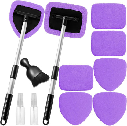 Qydipclin 11pcs Windshield Cleaner Tool, Car Window Cleaning Wash Kit with 6 Reusable Microfiber Pads 2 Spray Bottles and Extendable Handles Auto Glass Wiper Kit, Blue