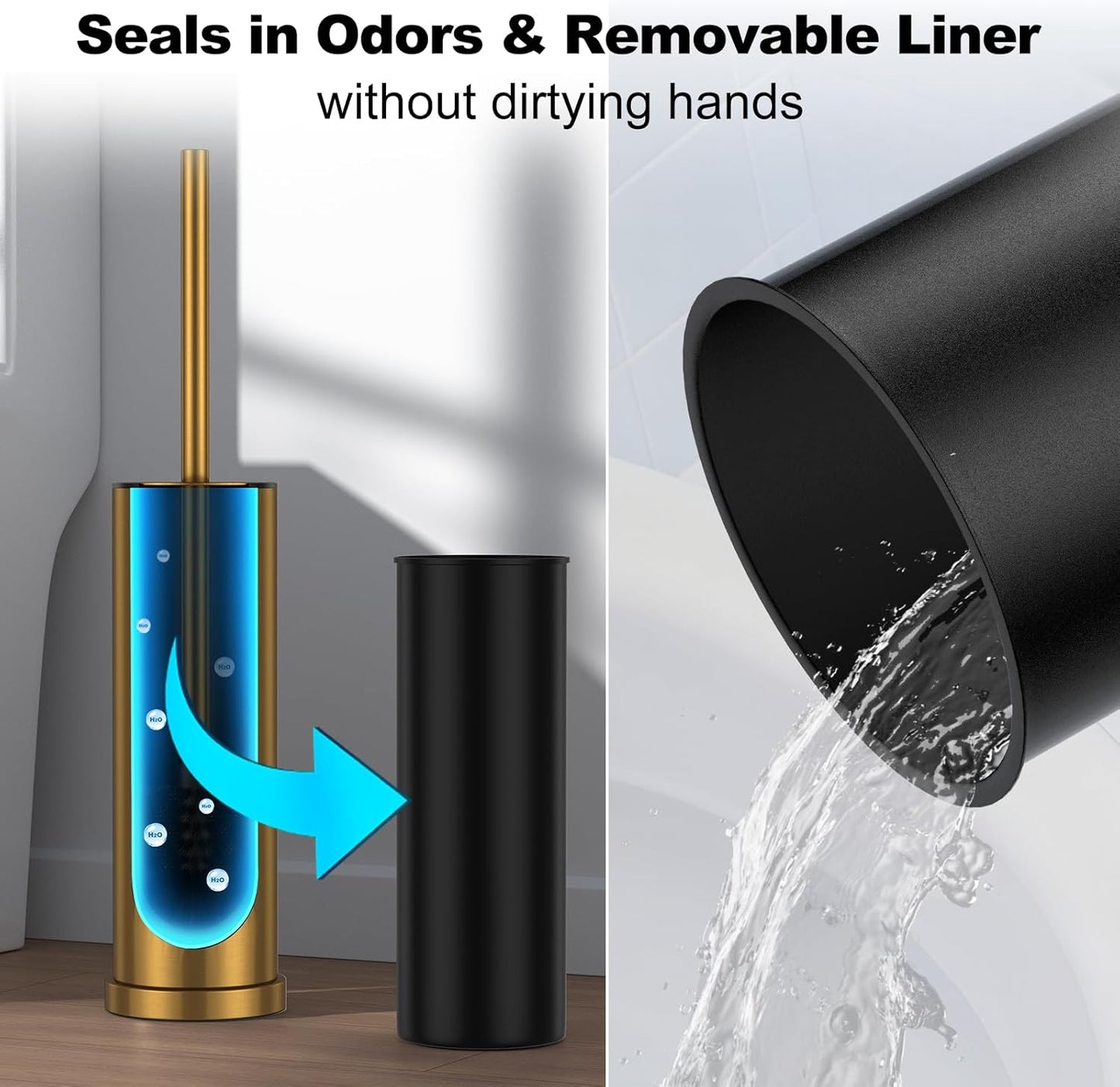 Bronze Toilet Brush and Holder Set，Stainless Steel Heavy Duty Toilet Bowl Brush，Extra Long Handled Modern Toilet Cleaner Brush, Removable Inner Bowl, and Splash Protection