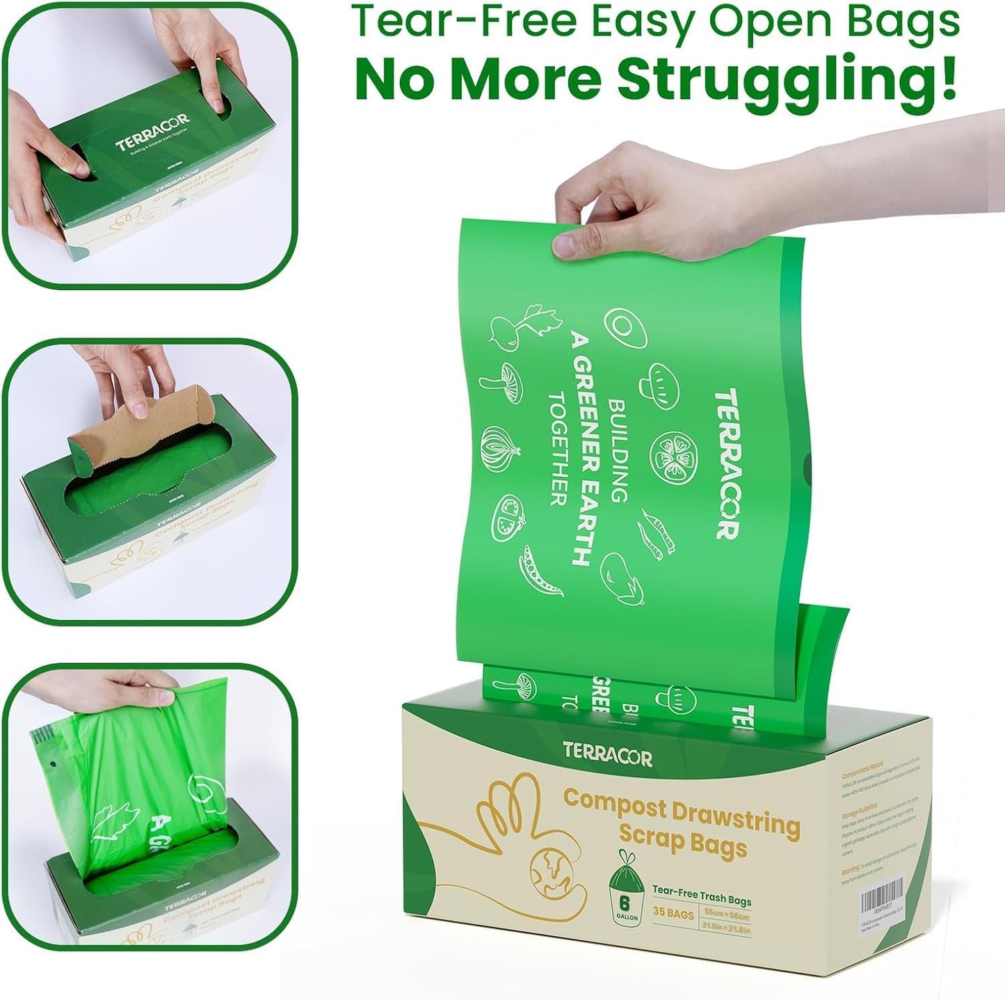 6 Gallon Compostable Trash Bags Drawstring, Heavy Duty Extra Thick 1 Mil, 35 Bags, Tall Kitchen Food Scrap Waste Bag, ASTM D6400 ASIN