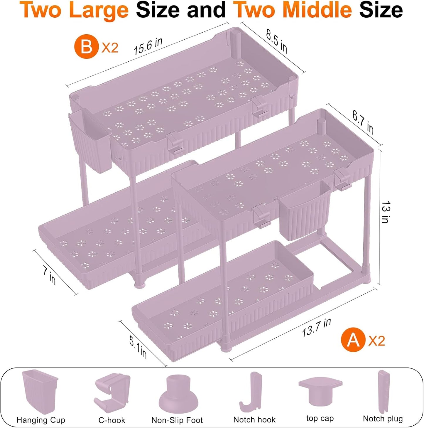 Sevenblue 4 Pack Under Sink Organizer, Bathroom Organizers and Storage, 2 Tier Multi-Use Pull Out Cabinet Organizer with Hang Hooks and Cups (Black, 4 Pack)