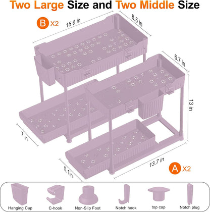 Sevenblue 4 Pack Under Sink Organizer, Bathroom Organizers and Storage, 2 Tier Multi-Use Pull Out Cabinet Organizer with Hang Hooks and Cups (Black, 4 Pack)