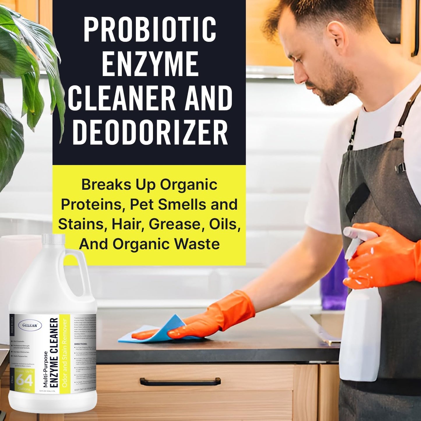 Multi-Purpose Probiotic Enzyme Cleaner, (128 oz, Citrus) - Pet Stain and Odor Remover - Concentrated - Professional & Home Strength Drains, Floors, Bathrooms, Toilets Trash Can, Made in USA