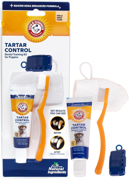 Arm & Hammer for Pets Tartar Control Dog Dental Kit, Enzymatic Toothpaste with Toothbrush and Fingerbrush, Baking Soda Formula Reduces Plaque and Tartar, Safe for Puppies, Beef Flavor, 3-Piece
