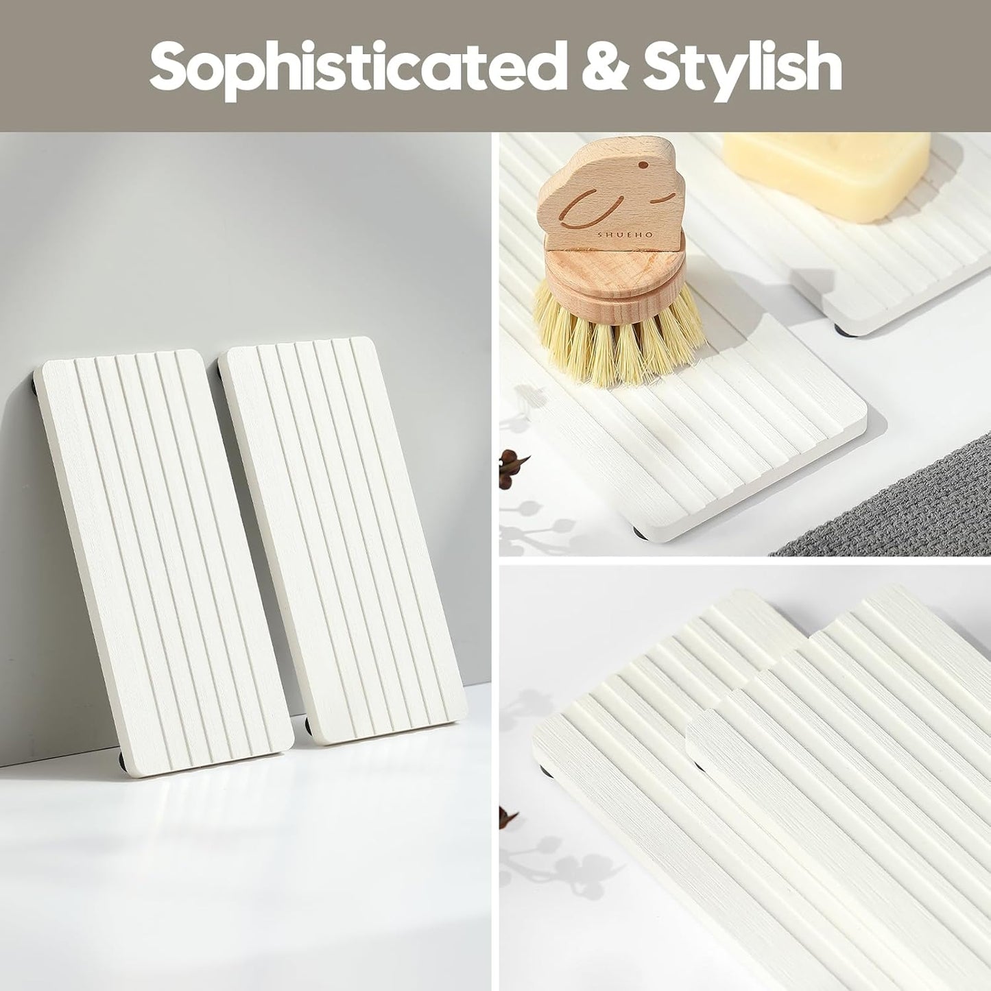 2PCS Water Absorbing Stone Drying Tray Mat for Bathroom Sink & Kitchen Counter Faucet Organizer, Quick Dry Dish Rack Soap Dispenser Sponge Holder, Vanity Sink Caddy Bar Coaster, Ivory White 8“x 4”