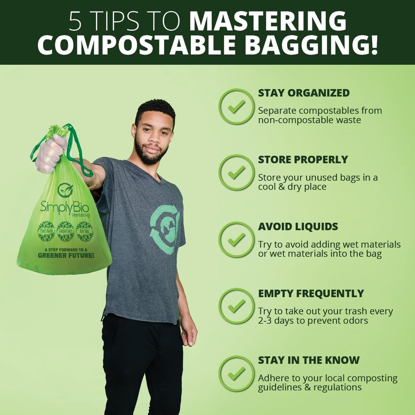 Simply Bio 13 Gallon Compostable Trash Bags Liners Drawstring, Heavy Duty Extra Thick 1 Mil, 49.21 Liter, 30 Bags, Tall Kitchen Food Scrap Waste Bag, ASTM D6400, US BPI and OK Compost Home Certified