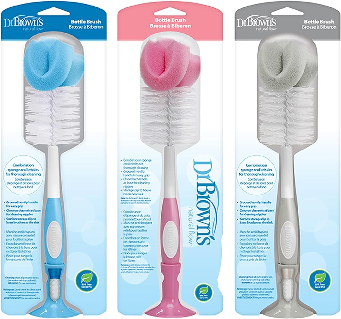 Dr. Brown's Reusable Sponge Baby Bottle Cleaning Brush with Suction Cup Stand, Scrubber and Nipple Cleaner, Pink 1-Pack
