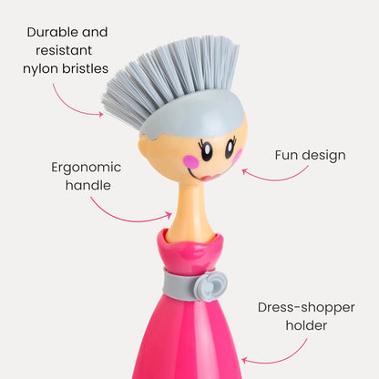 Vigar Dolls Dish Brush with Ergonomic Handle and Dres-shaped Storage Holder - Scrub Brush for Pans, Pots, Kitchen Sink Cleaning, Blue/Pink