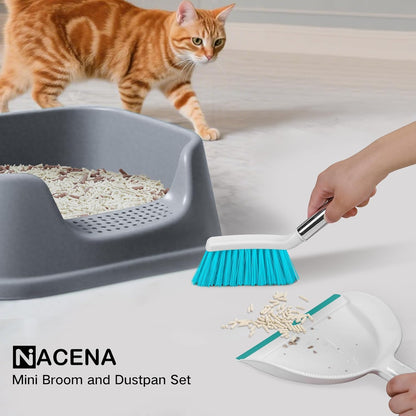 NACENA Mini Broom and Dustpan Set, Small Dust Pan and Brush Set with Handle Dustpan Teeth for Cleaning Hair Suitable for Office Desks Drawers Sofas Outdoor Camping, Light & Purple