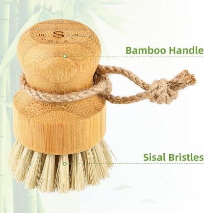 SUBEKYU Bamboo Dish Scrub Brush for Kitchen Sink, Natural Wooden Washing Dish Brush Scrubber with Sisal Bristles for Household Cleaning, Cast Iron Pots, Pans and Vegetables