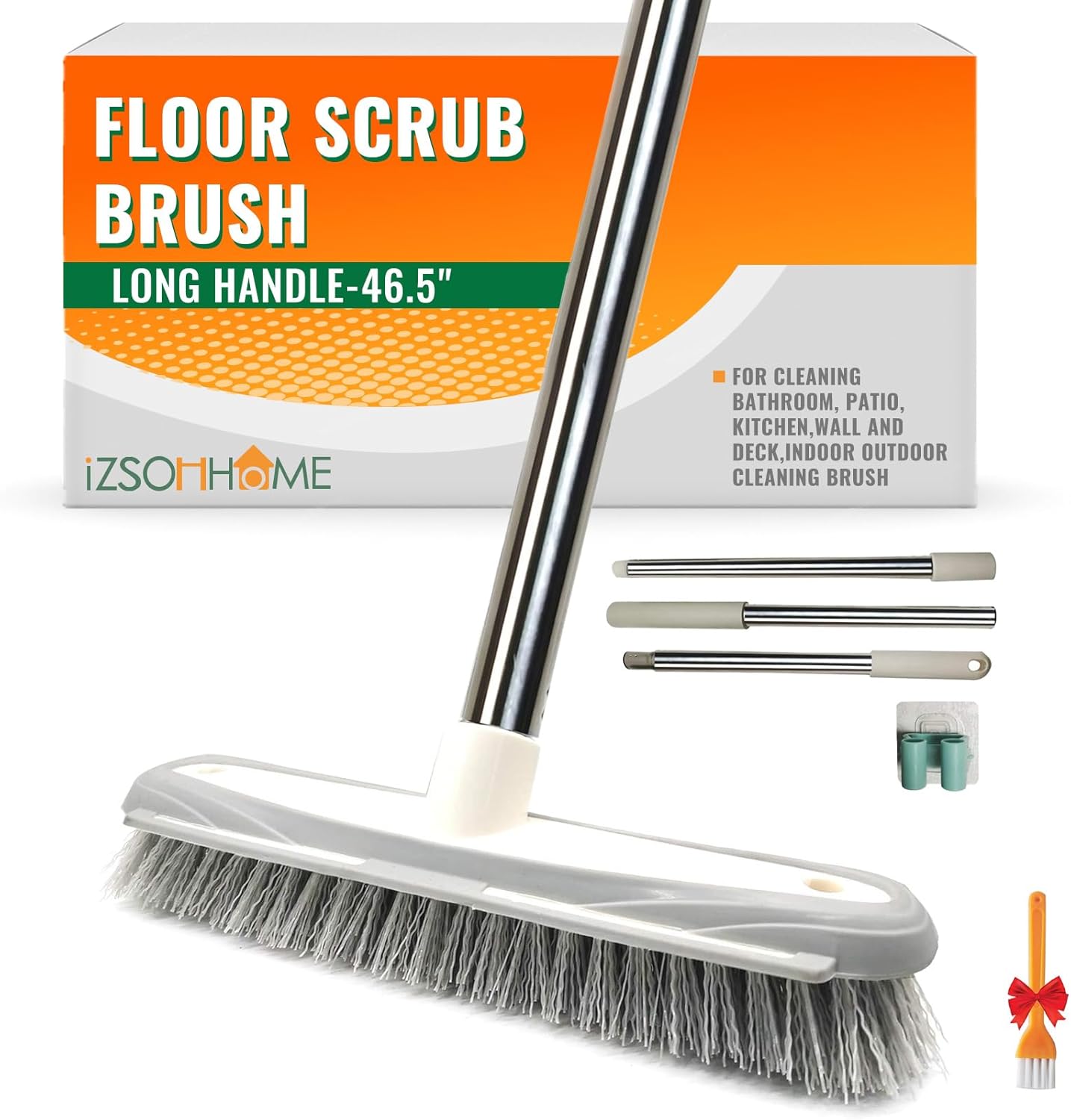 Push Broom,Pet Hair Removal Broom with Squeegee,Soft Silicone Bristle Broom with Long Handle,Non Scratch Carpet Sweeper Brush for Cat Dog Hair Hardwood(Orange) Extra Long for Tall People