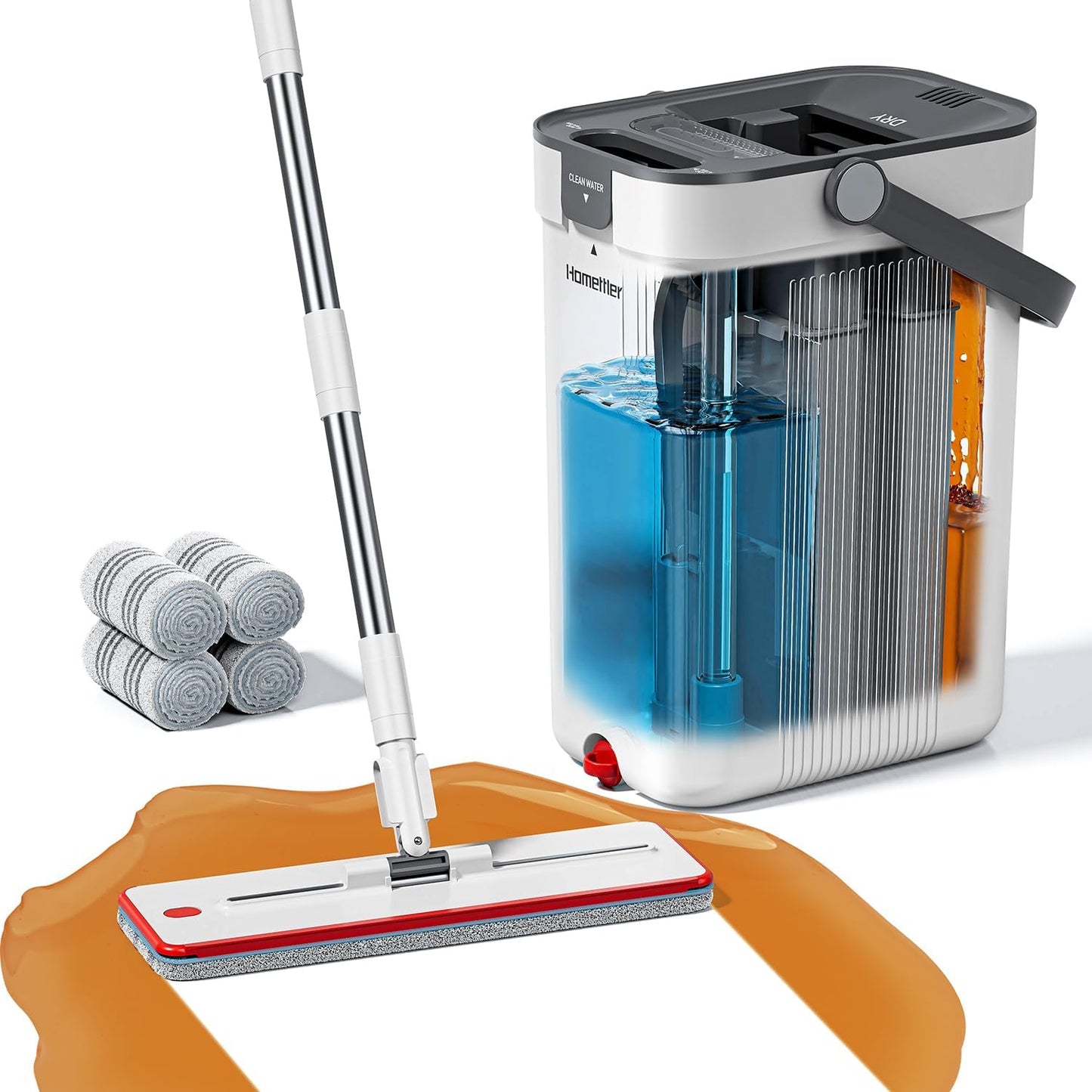 HoMettler Mop and Bucket Set, Flat Mop and Bucket System with Separate Dirty and Clean Water, 3-Compartment Wall Cleaner Mop, Flat Mops for Floor Cleaning with 8 Microfiber Pads