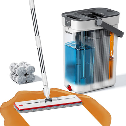 HoMettler Mop and Bucket Set, Flat Mop and Bucket System with Separate Dirty and Clean Water, 3-Compartment Wall Cleaner Mop, Flat Mops for Floor Cleaning with 8 Microfiber Pads