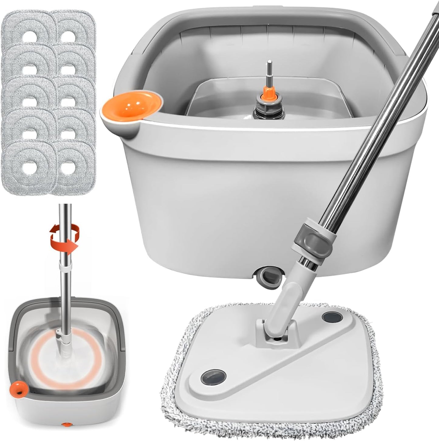 Spin Mop and Bucket Set with Self Separation Dirty and Clean Water System Self Wringing 360° Rotating Clean Mop-Head for Hardwood Tile Marble Floors (Mop Set with 6 Pads)-Grey