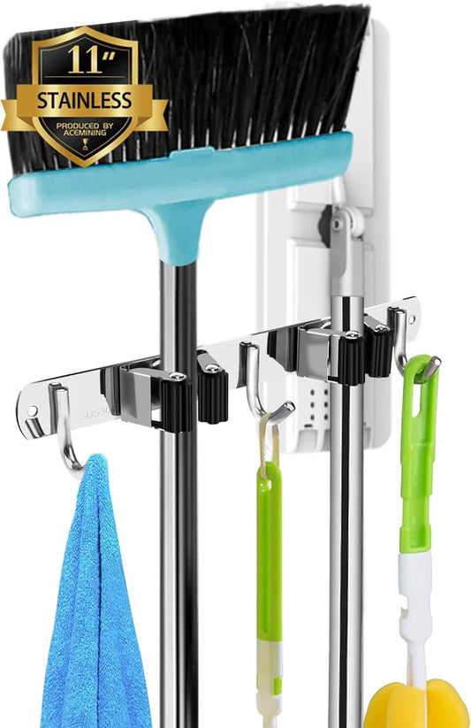 AceMining 5 Racks and 4 Hooks Mop and Broom Holder Wall Mount, Broom Organizer Storage Tool Racks Stainless Steel Heavy Duty Hooks Self Adhesive Solid Non-slip for Home Kitchen Garden Laundry Garage