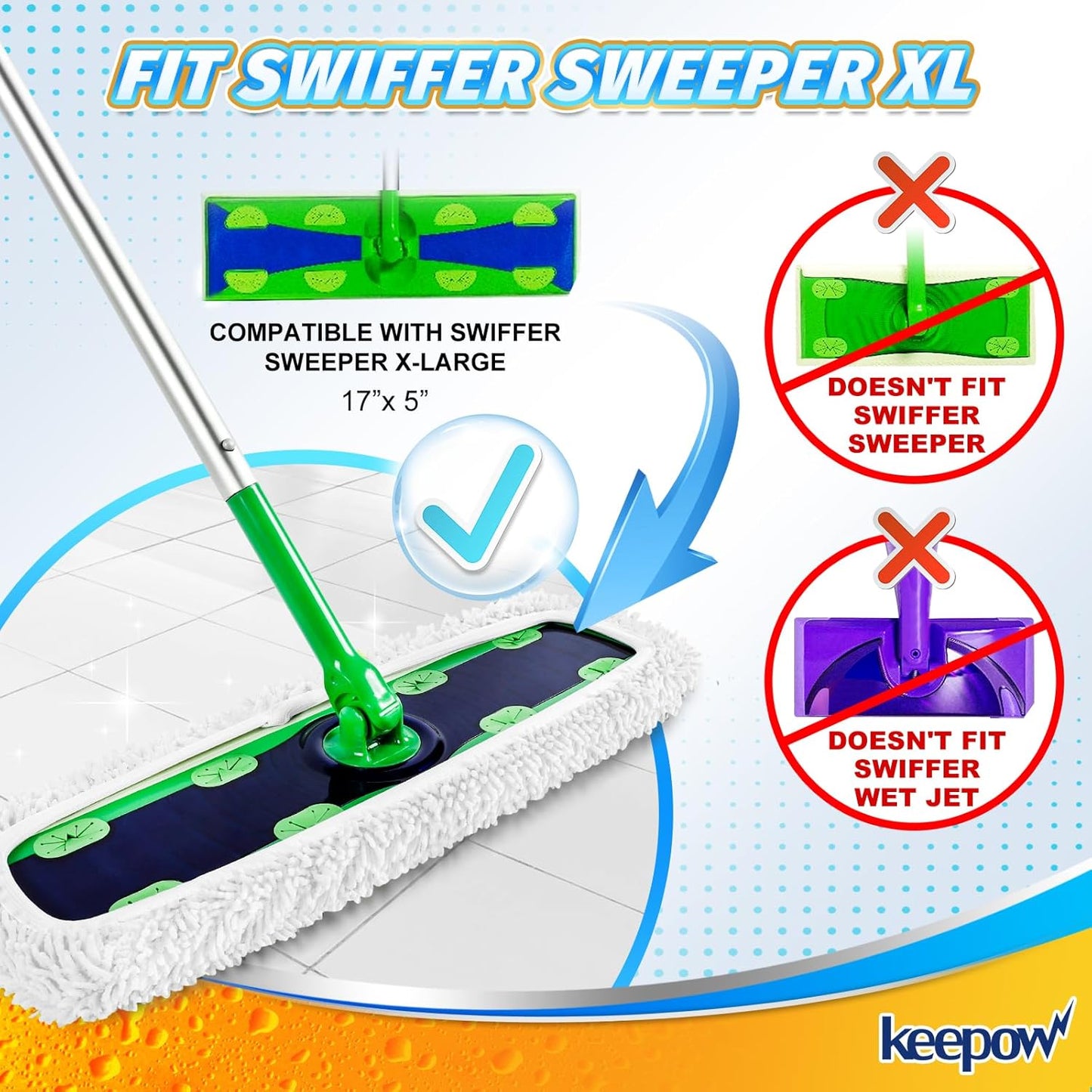KEEPOW Reusable XL Mop Pads Compatible with Swiffer XL Sweeper, X-Large Dry Sweeping Cloths, Wet Mopping Cloths, Washable Microfiber XL Wet Pads Refills for Surface/Hardwood Floor Cleaning, 4 Pack