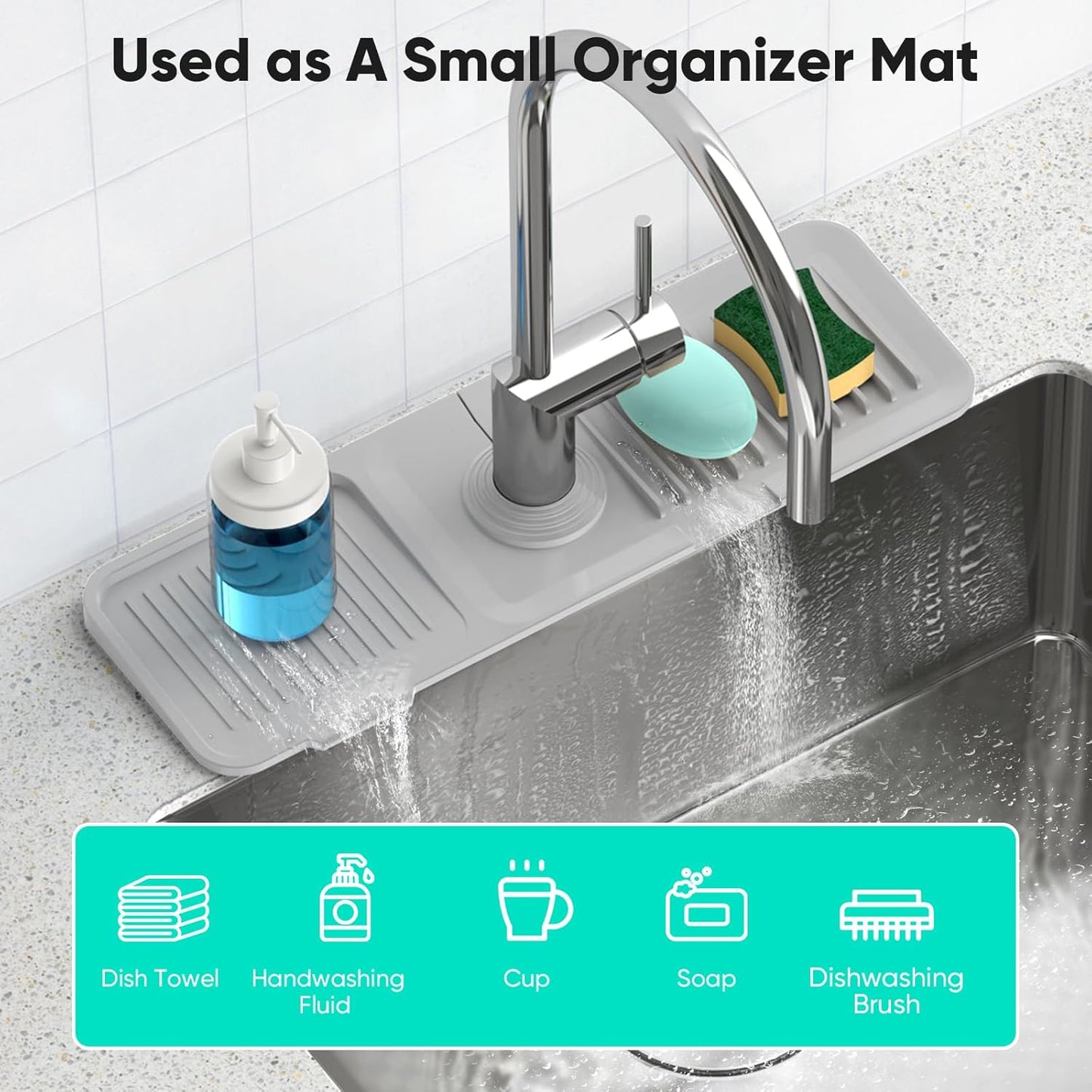 24 Inch Longer Faucet Mat for Kitchen Sink, 5° Slope Fast Self-draining, Kitchen Sink Splash Guard Silicone Sink Faucet Mat Splash Guard Kitchen Sink Area Tidy Splash Faucet Guard Draining Mat