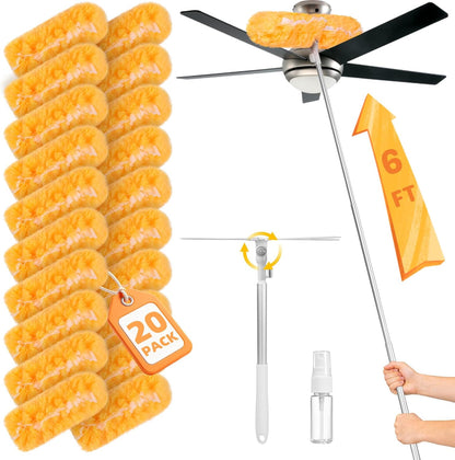 6 ft Extendable Handle with 20 Duster Refills, Heavy Duty Duster Refills Kit Compatible with Swiffer, 360 Disposable Microfiber Duster Pads for Ceiling Fan, Window & Hard to Reach Areas Cleaning