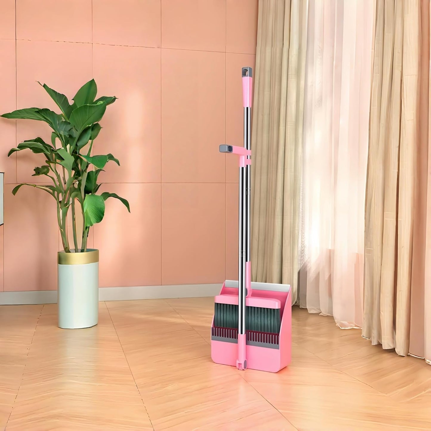 2-in-1 Broom with Dustpan Combo Set,Long Handle Broom Dustpan Combo with Dustpan Teeth to Automatically Clean Hair for Home, Indoor or Outdoor Cleaning Hall Floor (Gray)