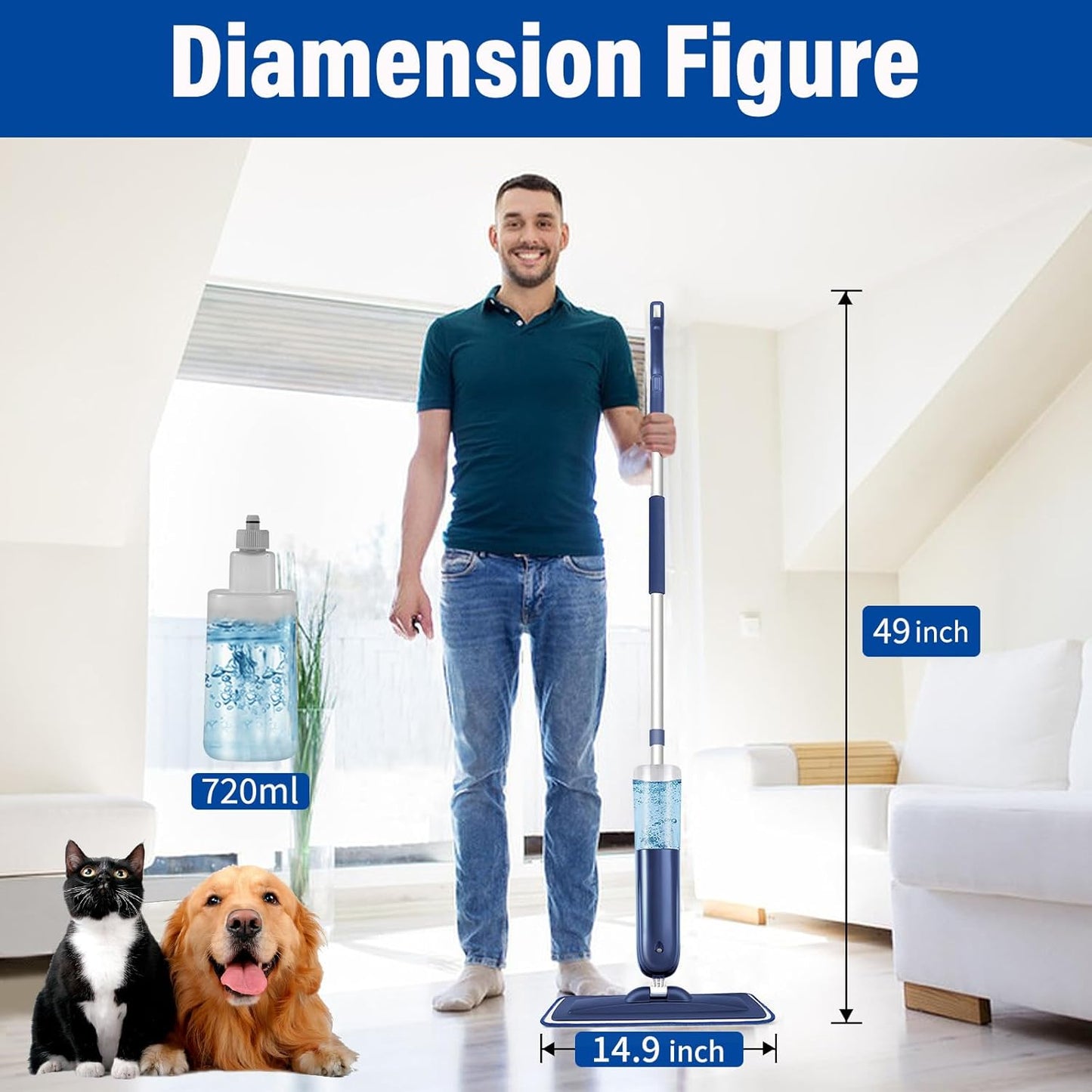 PowerMop for Floor Cleaning with 2 Washable Pads - Wet Dry Microfiber Mop with 720 ml Refillable Bottle for Kitchen Wood Floor Hardwood Laminate Ceramic Tiles Floors Dust Cleaning