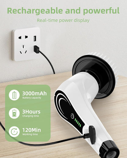 Electric Spin Scrubber, Cordless Power Scrubber with 8 Replaceable Brush Heads, 2-Speed Adjustable Handle, IPX7 Waterproof Shower Scrubber for Bathroom, Tile, Tub, Teens, White-qe1