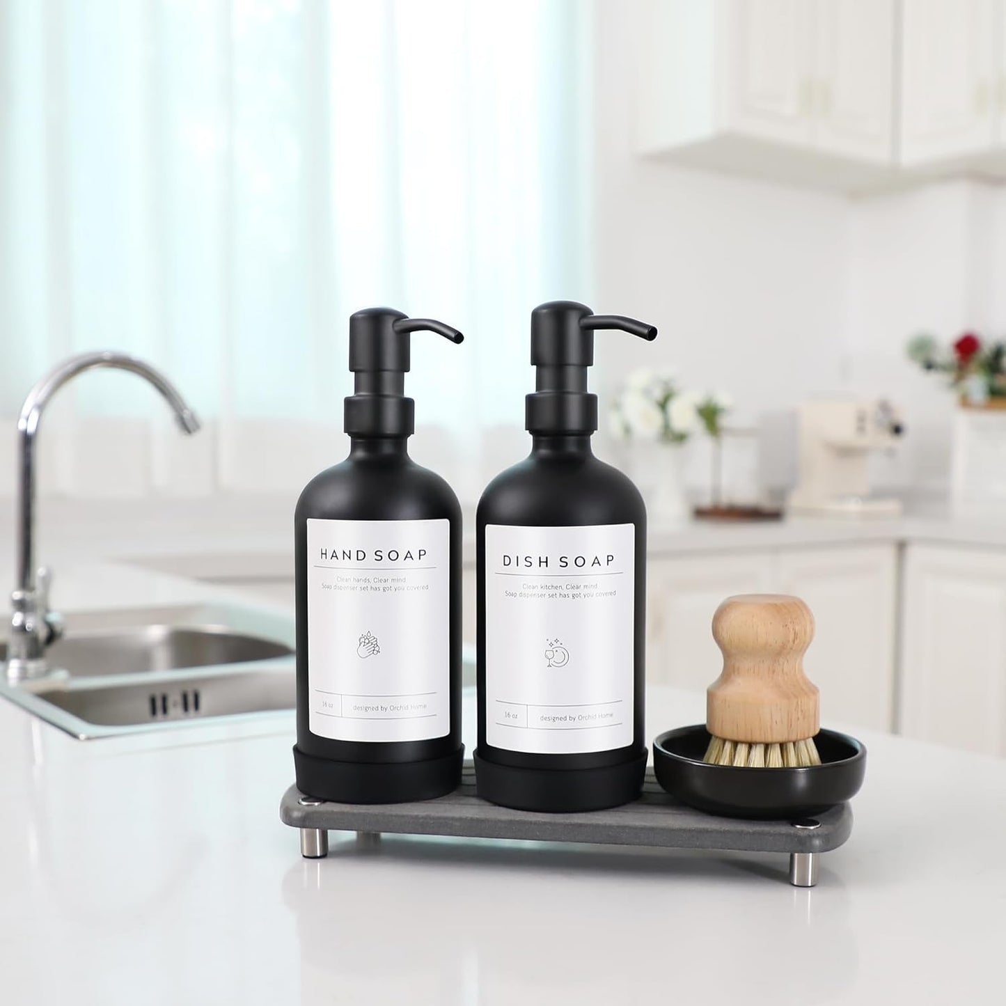 [Luxury] Kitchen Soap Dispenser Set - 16OZ Amber Glass Bottle, Stainless Steel Pump, Instant Dry Tray, Waterproof Labels, Non-Slip Silicone Pad, and Dish Brush | Upgrade for Your Kitchen and Bathroom