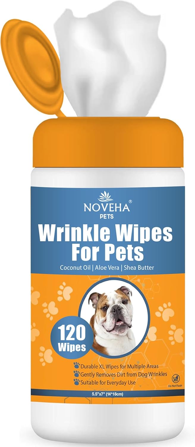 NOVEHA 120PCs XL Formulated Pet Wipes for Dogs & Cats - Safe for Facial & Finger Folds, Underarms, Groin, Hot Spots, Redness & Skin Relief, On-the-Go Size 5.5" x 7"