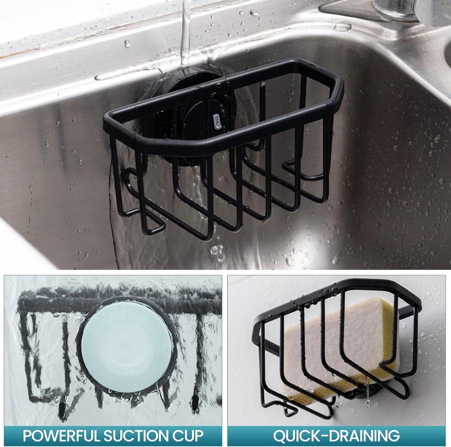 TAILI Sponge Holder for Kitchen Sink with Strong Suction Cup, Rustproof Aluminum Sink Caddy for Sponges, Removable Sponge Holder, Dish Brush for Scraper - Silver