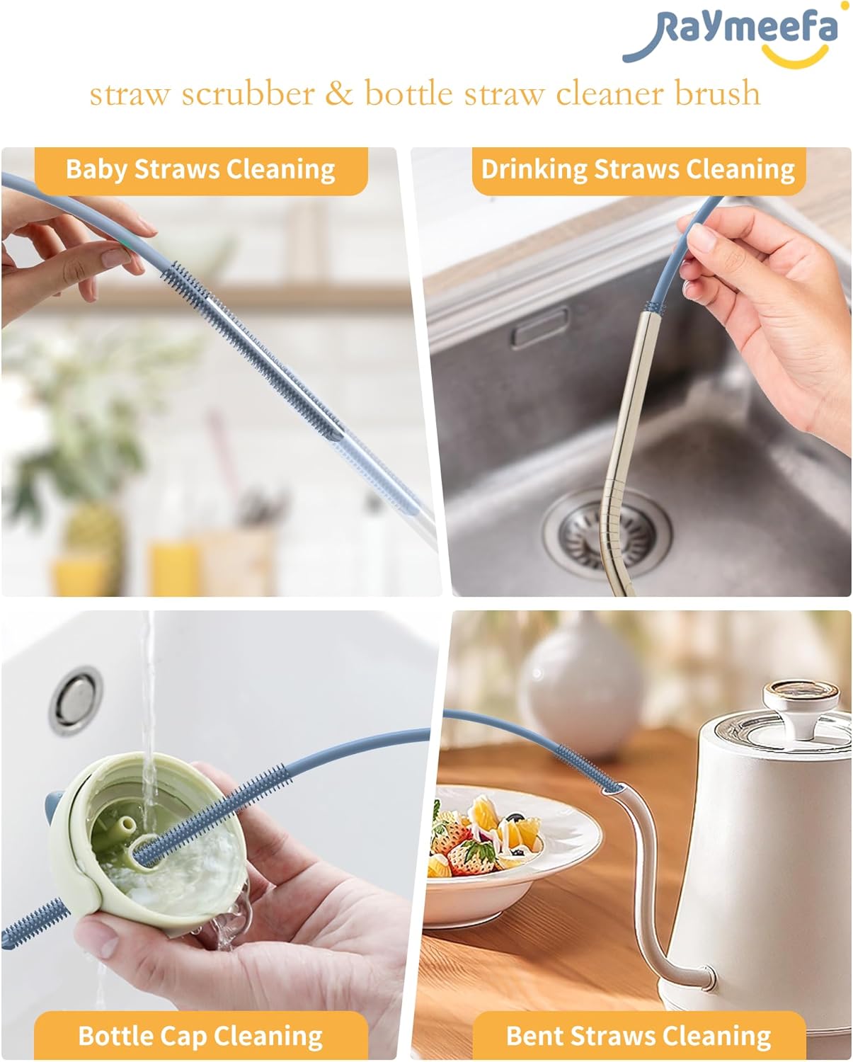 Straw Cleaner Brush Set - Raymeefa Scratch-Free Detail Cleaning for Reusable Straws & Tumblers (Blue)