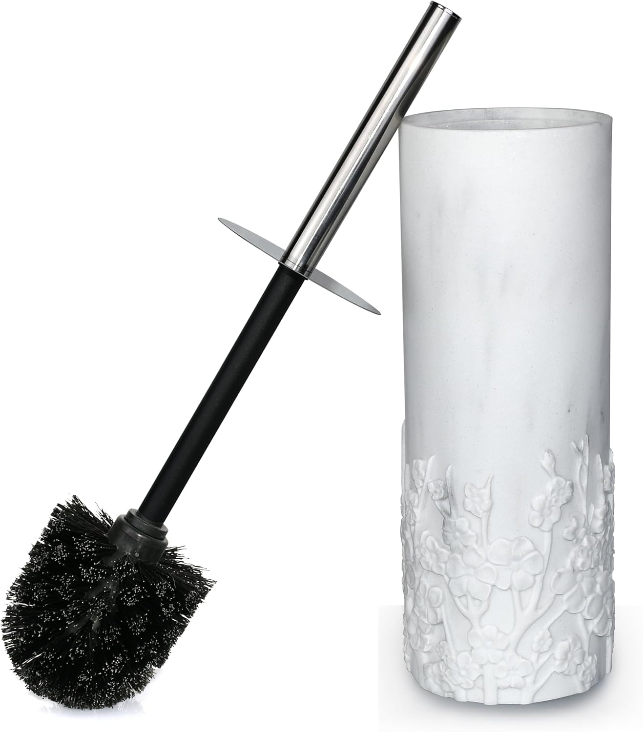 White Floral Branches Design Resin Toilet Bowl Brush and Holder Set, Elegant Bathroom Cleaning Tool with Durable Bristles, Compact and Functional