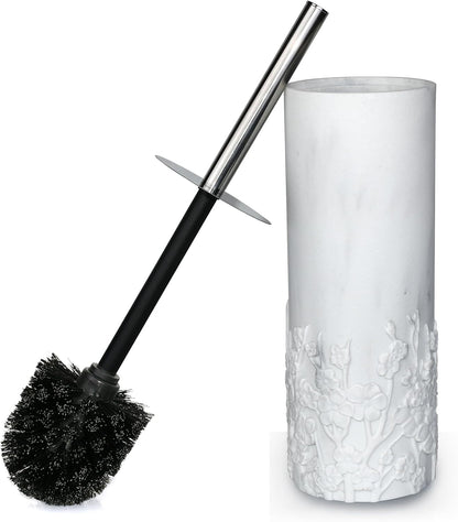 White Floral Branches Design Resin Toilet Bowl Brush and Holder Set, Elegant Bathroom Cleaning Tool with Durable Bristles, Compact and Functional