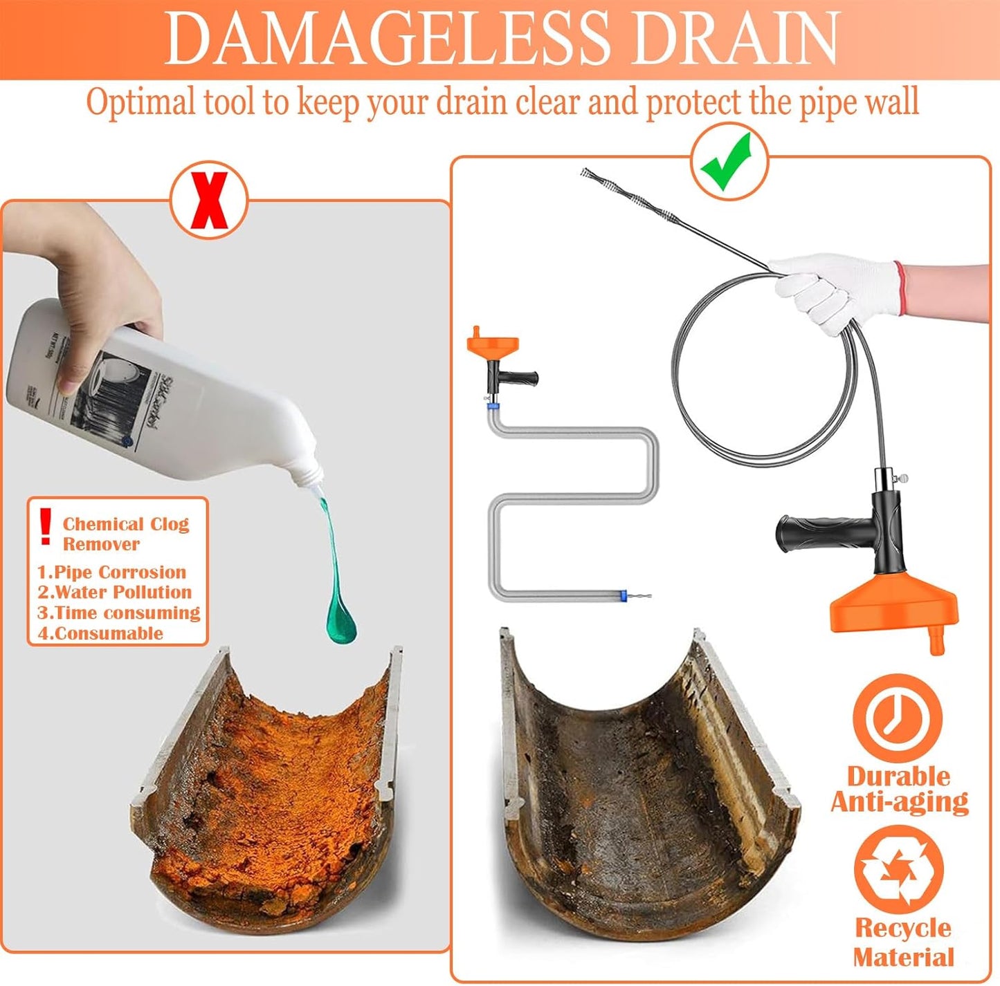 33 Ft Drain Snake Auger, Heavy Duty Plumbing Snake for Sink, Tub, and Shower, Clog Remover Drain Cleaner Tool with Gloves