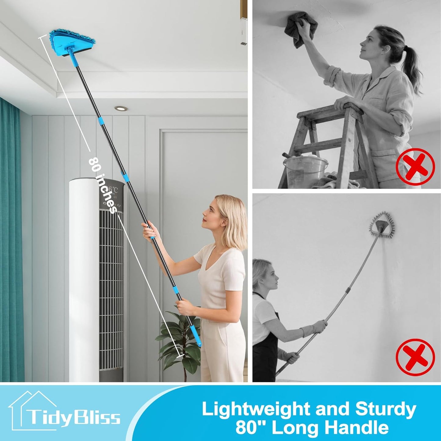 Wall Cleaning Mop with Long Handle 80”, Ceiling Duster Scrubber with 360° Swivel Collapsible Head, Baseboard Cleaner Tool with 3 Chenille and 3 Microfiber Pads for Windows Floor (Red)