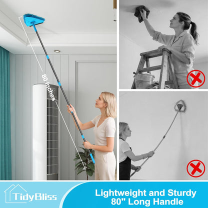 Wall Cleaning Mop with Long Handle 80”, Ceiling Duster Scrubber with 360° Swivel Collapsible Head, Baseboard Cleaner Tool with 3 Chenille and 3 Microfiber Pads for Windows Floor (Red)
