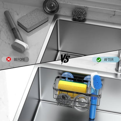 3-in-1 Kitchen Sink Caddy Organizer with Sponge Holder, Brush Holder, Extra Rack for Scrubber, Sink Stopper, Dish Cloth Hanger - Strong Dual Suction Cup, 2.0mm SUS304 Stainless Steel - Grey