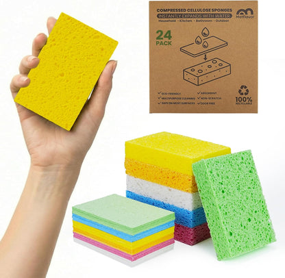 Metflavor Compressed Kitchen Sponges, 12 Count, Thick Non-Scratch Cellulose Dish Sponges, Biodegradable & Compostable, Pop-up Cleaning Sponge, 5" x 3" x 1"
