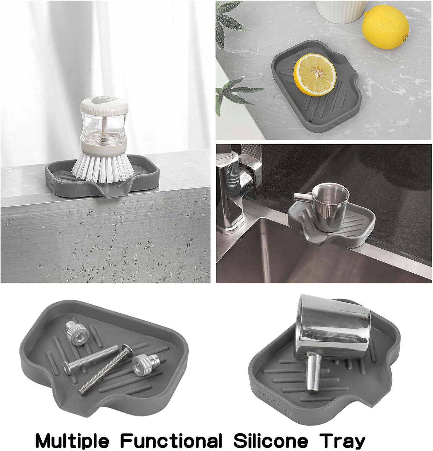 MicoYang Silicone Bathroom Soap Dishes with Drain Spout-Bathroom and Kitchen Sink Organizer,Sponge Holder,Dish Soap Tray,Perfect for Dispenser,Scrubber,Bottle,Cup on Sink or Counter-Black 4.9"×3.2"