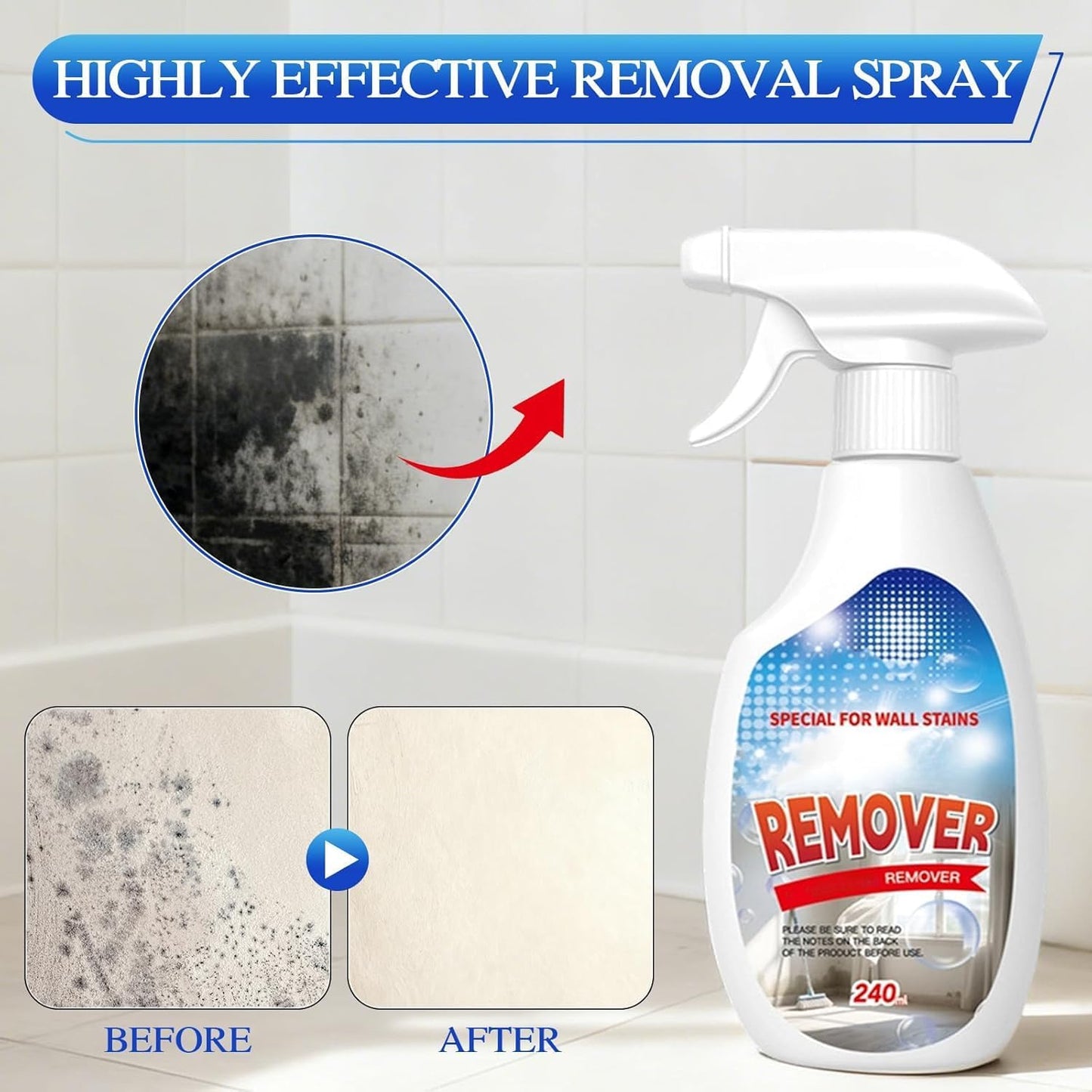 WALL REMOVER SPRAY, Wall Spray, Dust and Dirt Removal, 8.12 Fl oz, for Wood, Tile, Fabric, Bathrooms, Kitchens