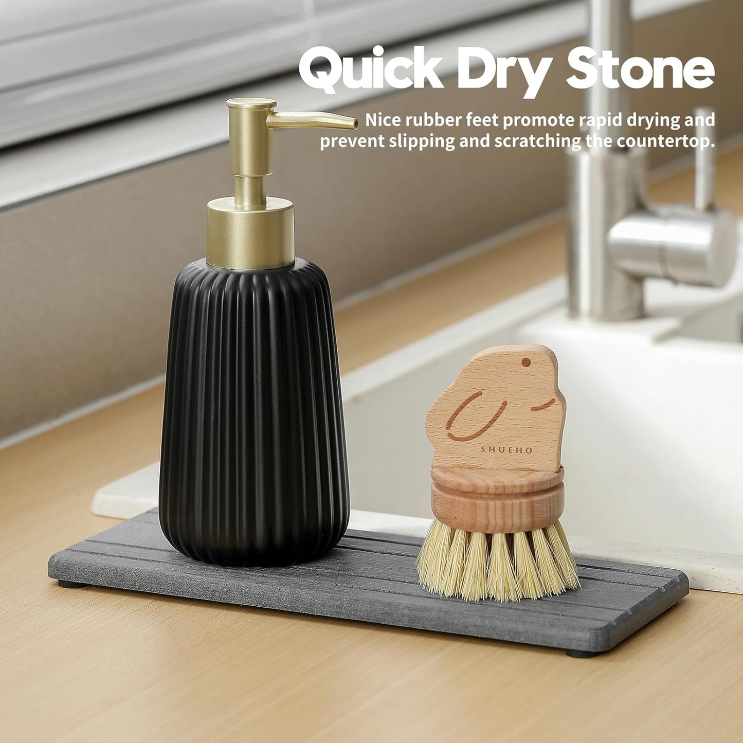 2PCS Water Absorbing Stone Drying Tray Mat for Bathroom Sink & Kitchen Counter Faucet Organizer, Quick Dry Dish Rack Soap Dispenser Sponge Holder, Vanity Sink Caddy Bar Coaster, Ivory White 8“x 4”