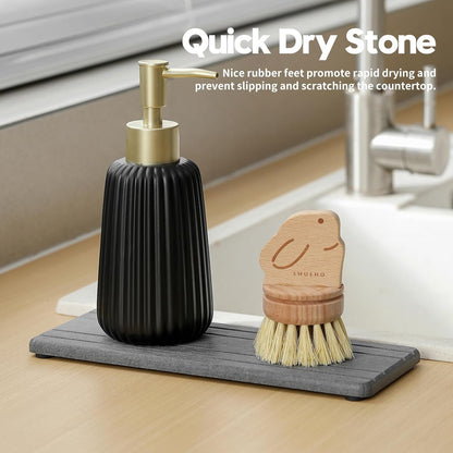 2PCS Water Absorbing Stone Drying Tray Mat for Bathroom Sink & Kitchen Counter Faucet Organizer, Quick Dry Dish Rack Soap Dispenser Sponge Holder, Vanity Sink Caddy Bar Coaster, Ivory White 8“x 4”
