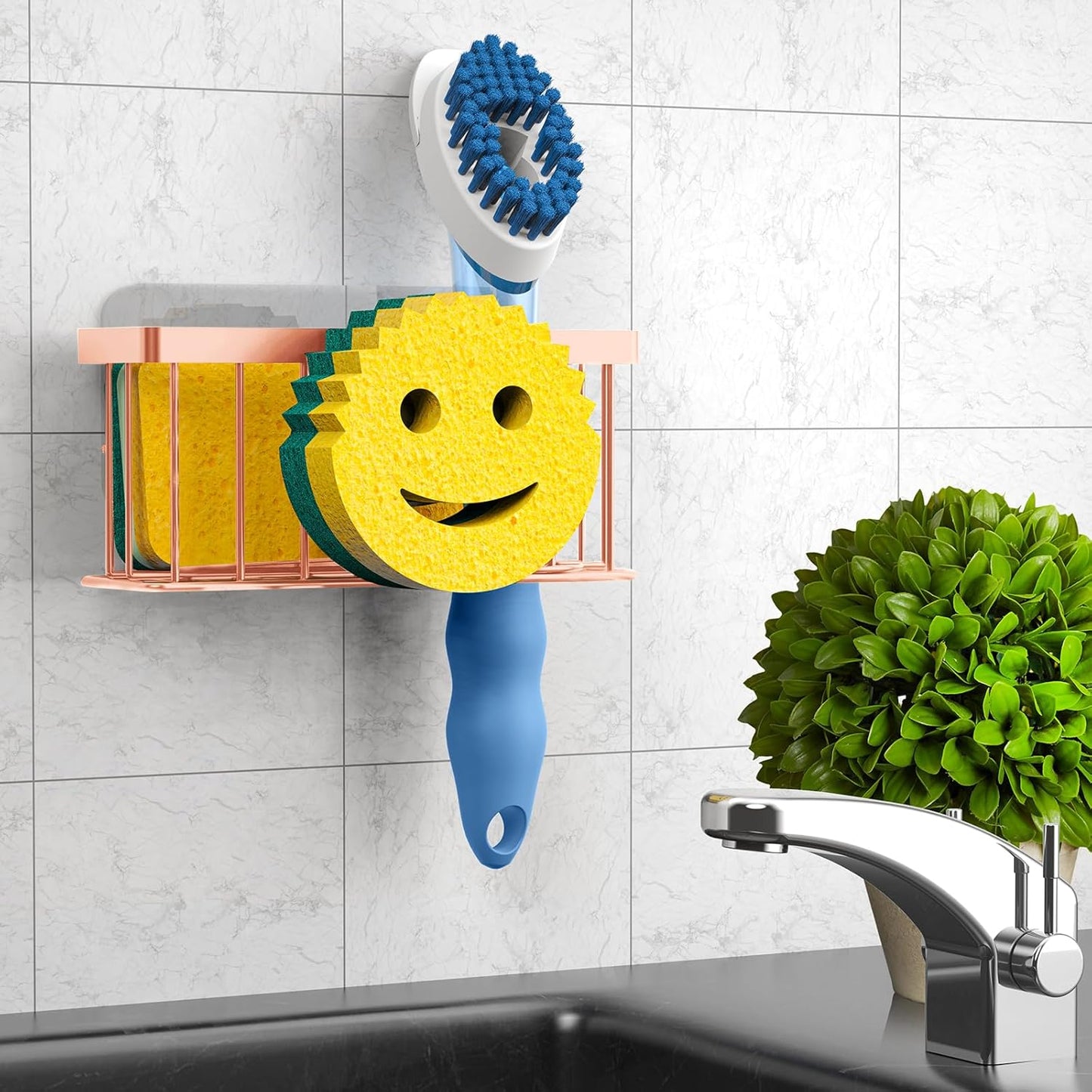 MURLONG Sponge Holder Smiley Face, Sink Caddy for kitchen Sink, Kitchen Organizer Sponge Holder with 2 PCS Suction Cups/1 PCS Adhesive Strips, Designed for Sponge, Soap, Dish brush, Scrubber-Black