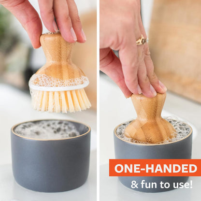 Full Circle Bubble Up Bamboo Dish Brush & Ceramic Soap Dispenser – Family Safe, Formaldehyde-Free – Kitchen Scrub Brush for Dishes, Nonstick & Cast Iron, Gray