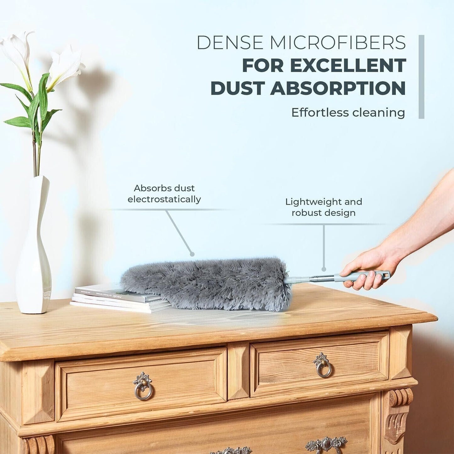 Extendable Feather Duster, Microfiber Duster, Ceiling Fan Duster, Feather Dusters for Cleaning, Dust Cleaner, Cobweb Duster - Electrostatic Bendable Head - up to 55 Inch