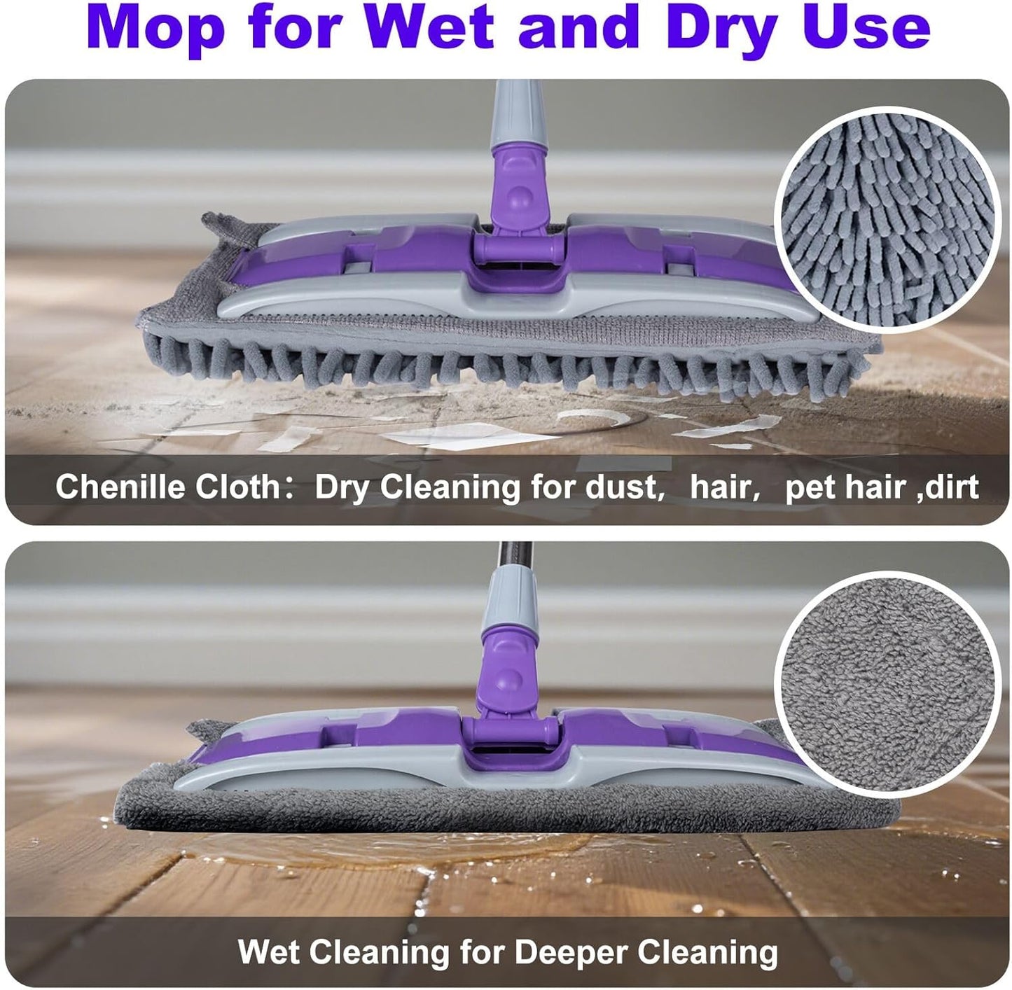 Microfiber Mops for Floor Cleaning ,Wet Dry Flat Mop with Stainless Steel Telescopic Handle,4 Reusable Mop Pads , Dust Mop for Hardwood Floors ,Home,Laminate,Tile,Hardwoods Cleaning (Purple)