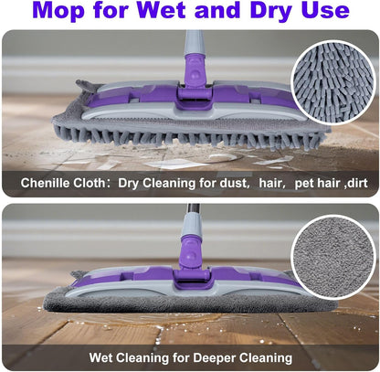 Microfiber Mops for Floor Cleaning ,Wet Dry Flat Mop with Stainless Steel Telescopic Handle,4 Reusable Mop Pads , Dust Mop for Hardwood Floors ,Home,Laminate,Tile,Hardwoods Cleaning (Purple)