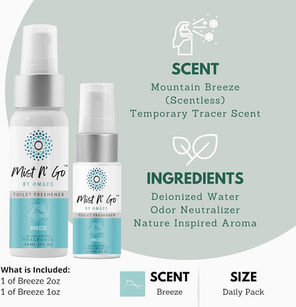 Mist N’ Go by Omaze Travel Bathroom Spray for Toilet Spray Odor Eliminator - Travel Toilet Spray for Bathroom Air Freshener Spray for Bathroom Deodorizer - Clean Mix, Travel Size (1oz x2)