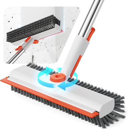 Floor Scrub Brush with Long Handle, 3 in 1 Scrape and Heavy-Duty Stiff Bristle Floor Scrubber Brush with Squeegee and Tweezer for Cleaning Tile Wall Deck Bathroom Patio Garage Kitchen (White)