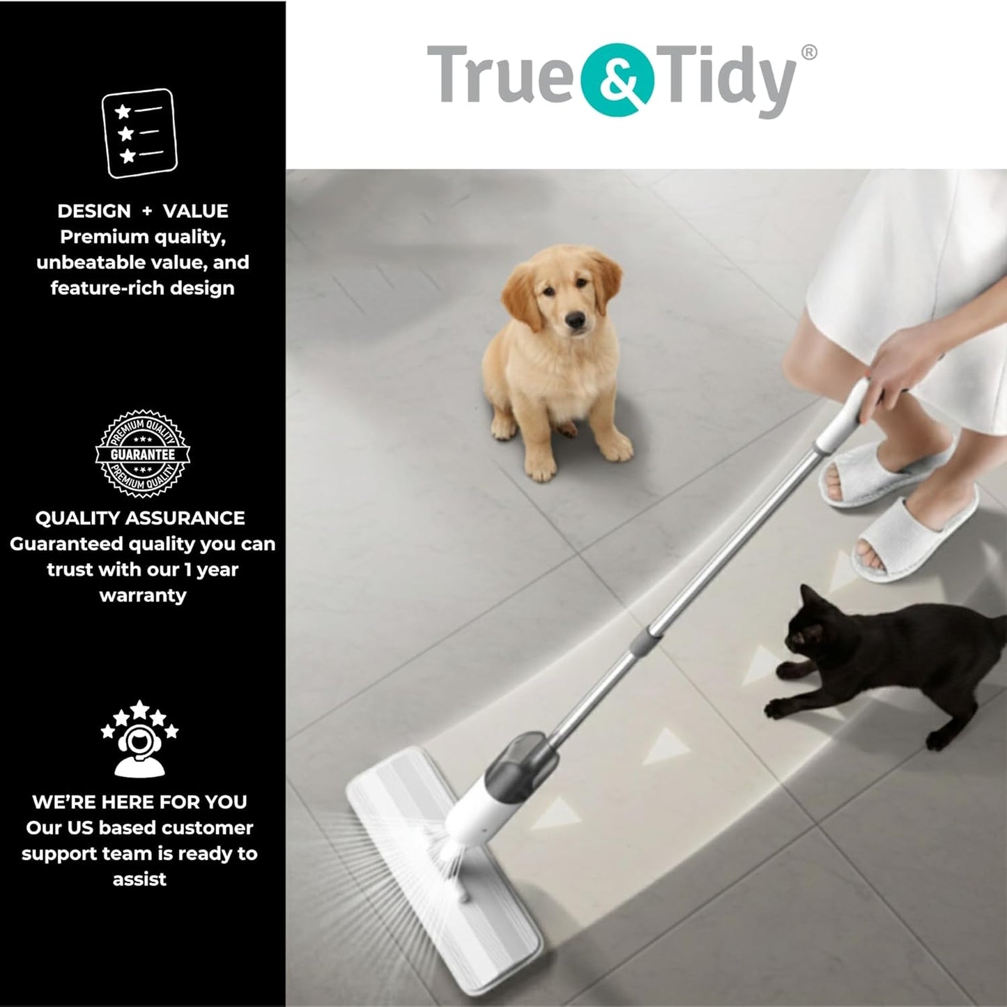 True & Tidy® SPRAY-250 Multi-Surface Spray Mop with 490ml Refillable Water Bottle for Floor Cleaning, Works on Wood, Tile, Marble etc, Use Any Cleaning Solution, Machine Washable Microfiber Mop Pads
